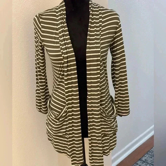 H.I.P. Sweaters - H.I.P. Green & White Striped Open Front Cardigan